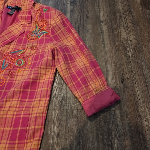 I.B. Diffusion Embroidered Plaid Blazer Jacket Size 10 Pink Orange Vintage 90s - Picture 14 of 14